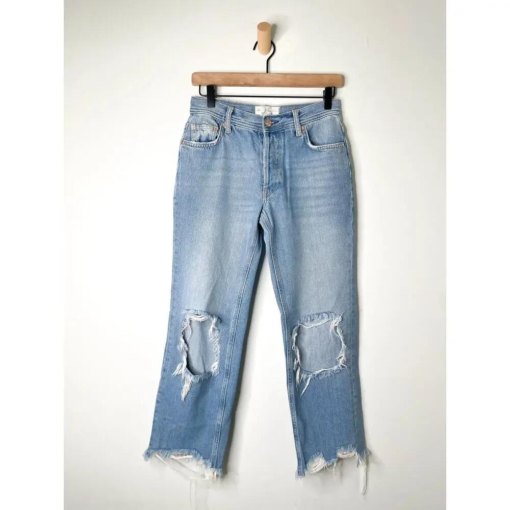 Free People Maggie Cropped Ripped Knee Jeans Size 25 Raw Ankle Distressed Denim